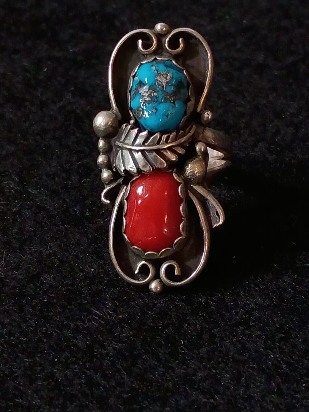 VTG Navajo Sterling Silver Turquoise Coral Bypass Ring 1.5” Jeweler Verified